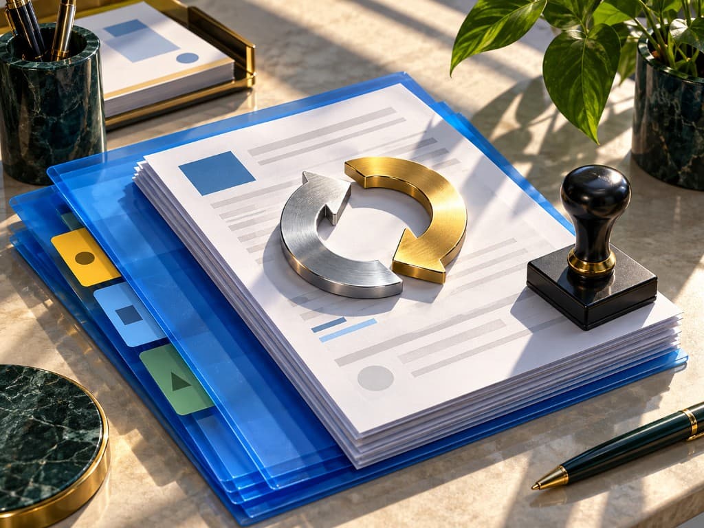 Beneficial ownership filing documents in blue folders with a metallic reset symbol and compliance stamp.