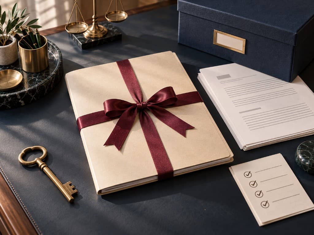 Closed corporate folder tied with a burgundy ribbon, filing documents, brass key, and completed checklist.