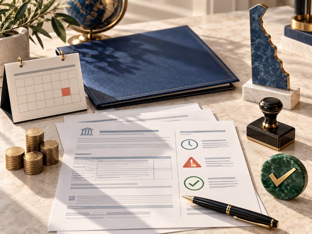 Delaware LLC annual tax documents with a calendar, coins, compliance stamp, and green good-standing check mark.