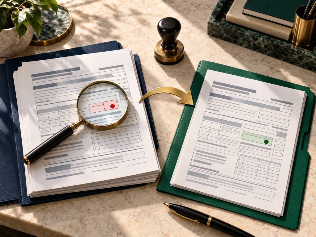 Tax filing error identified with a magnifying glass beside corrected documents prepared for refiling.
