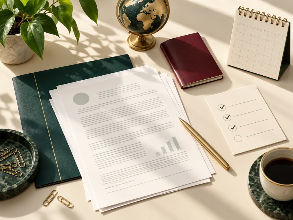 Organized LLC compliance documents, green folder, checklist, calendar, and passport on a sunlit ivory desk.