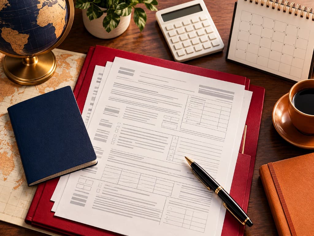 International tax filing documents with a red folder, calculator, calendar, pen, and navy passport booklet.