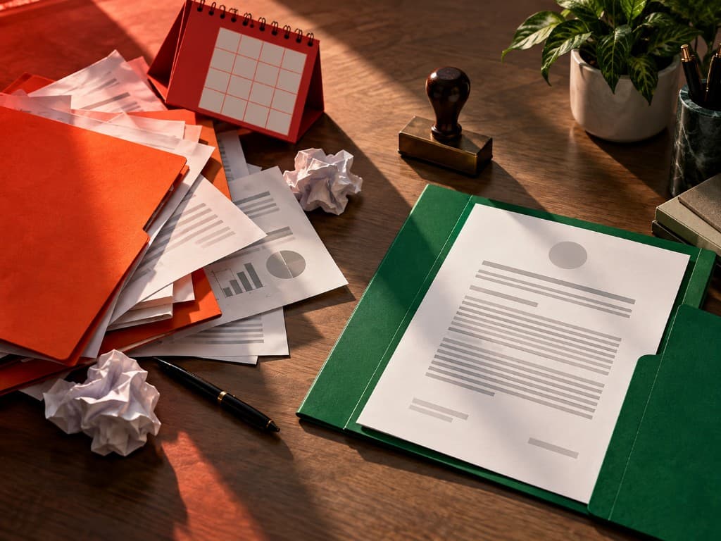 Disordered filing documents and red calendar beside a neatly restored document in a green folder.