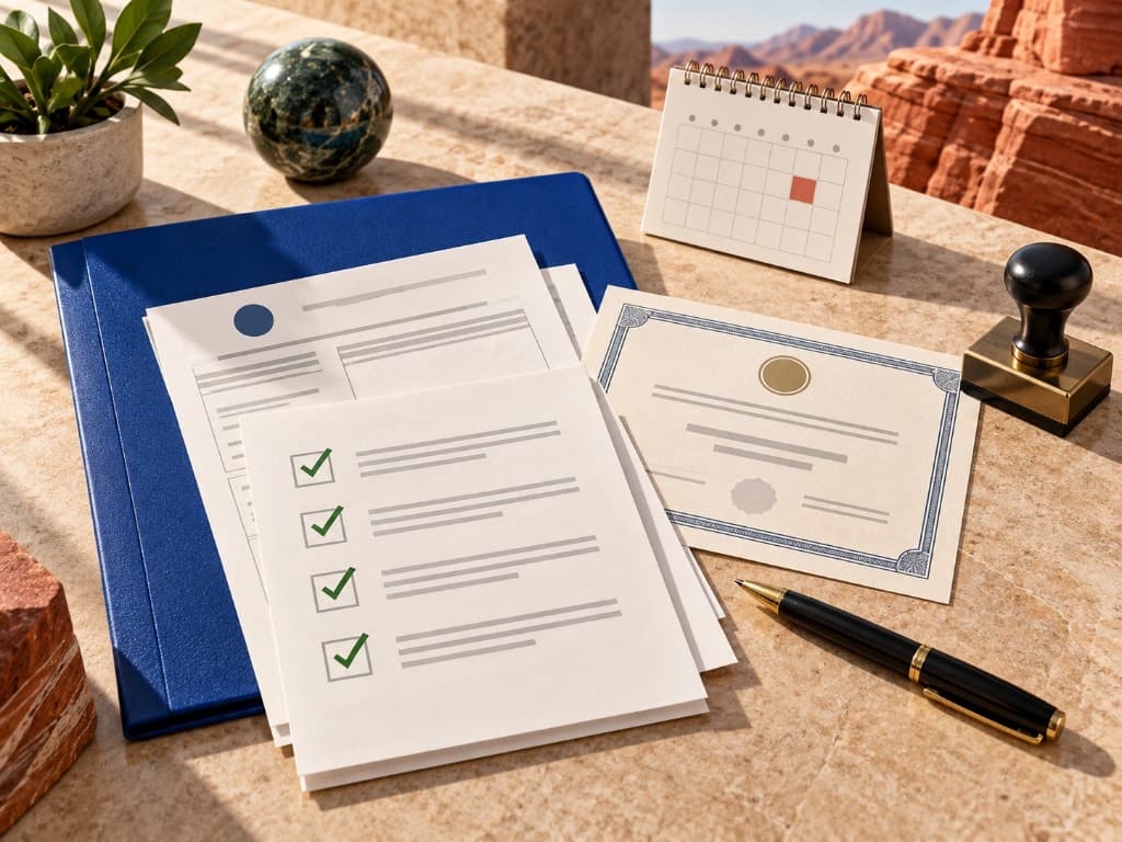 Nevada LLC compliance documents, annual checklist, business license, calendar, and filing stamp on a sunlit desk.