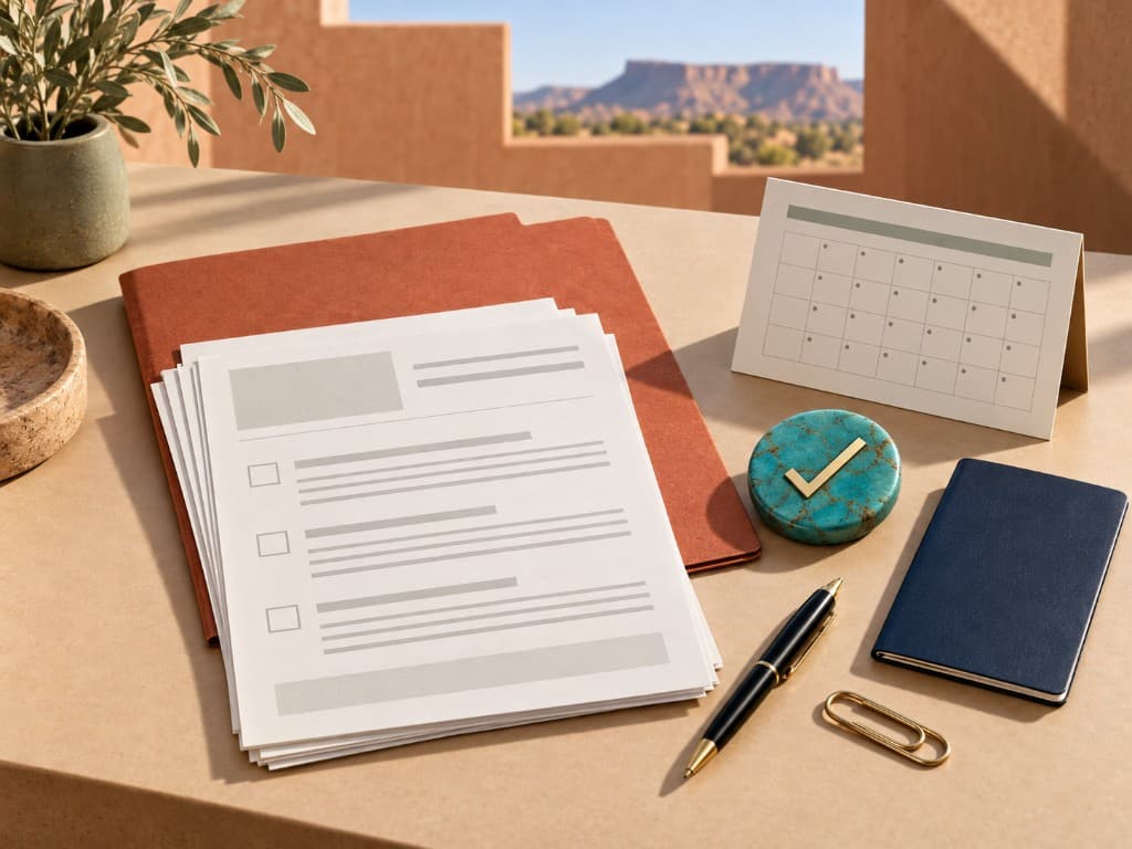 New Mexico LLC compliance documents with a calendar, turquoise check mark, pen, and passport booklet.