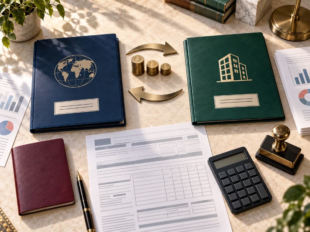 Two-way owner and LLC fund transfers illustrated with corporate folders, coins, tax documents, and a calculator.