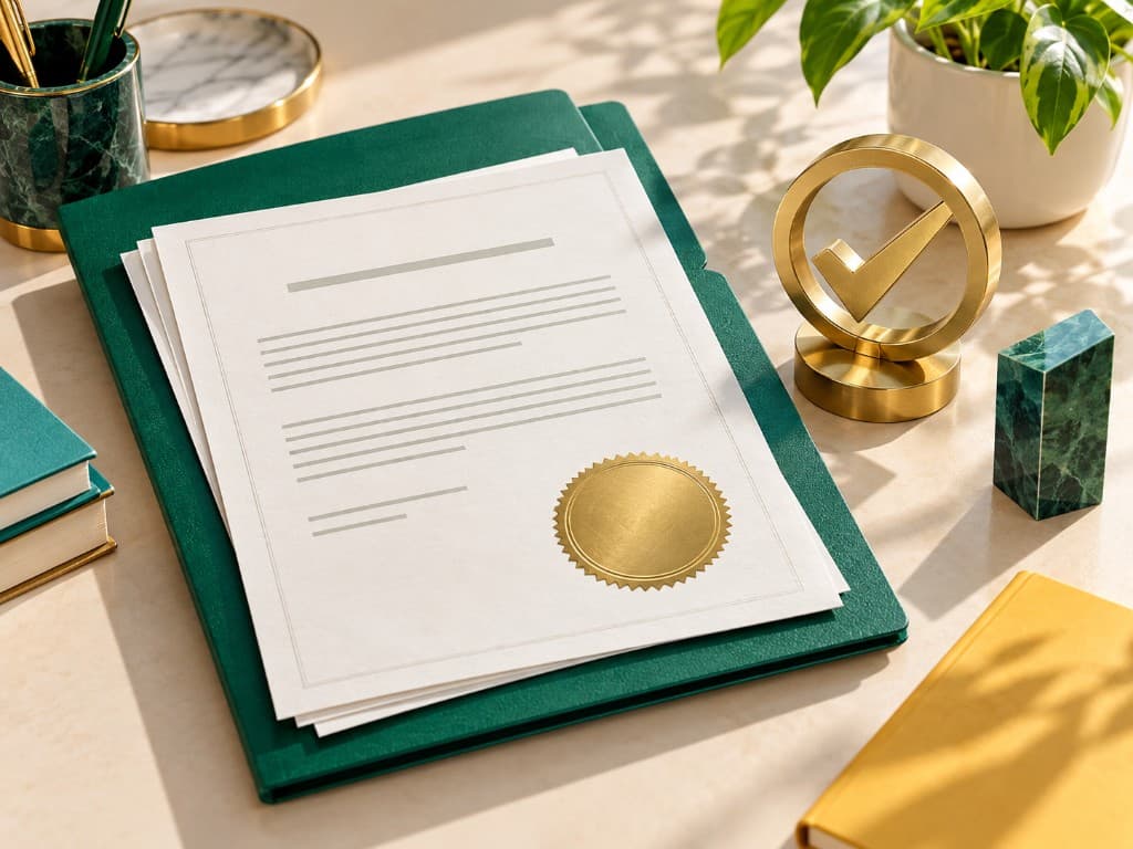 Pristine LLC documents on a green folder with a brass check mark and embossed seal.