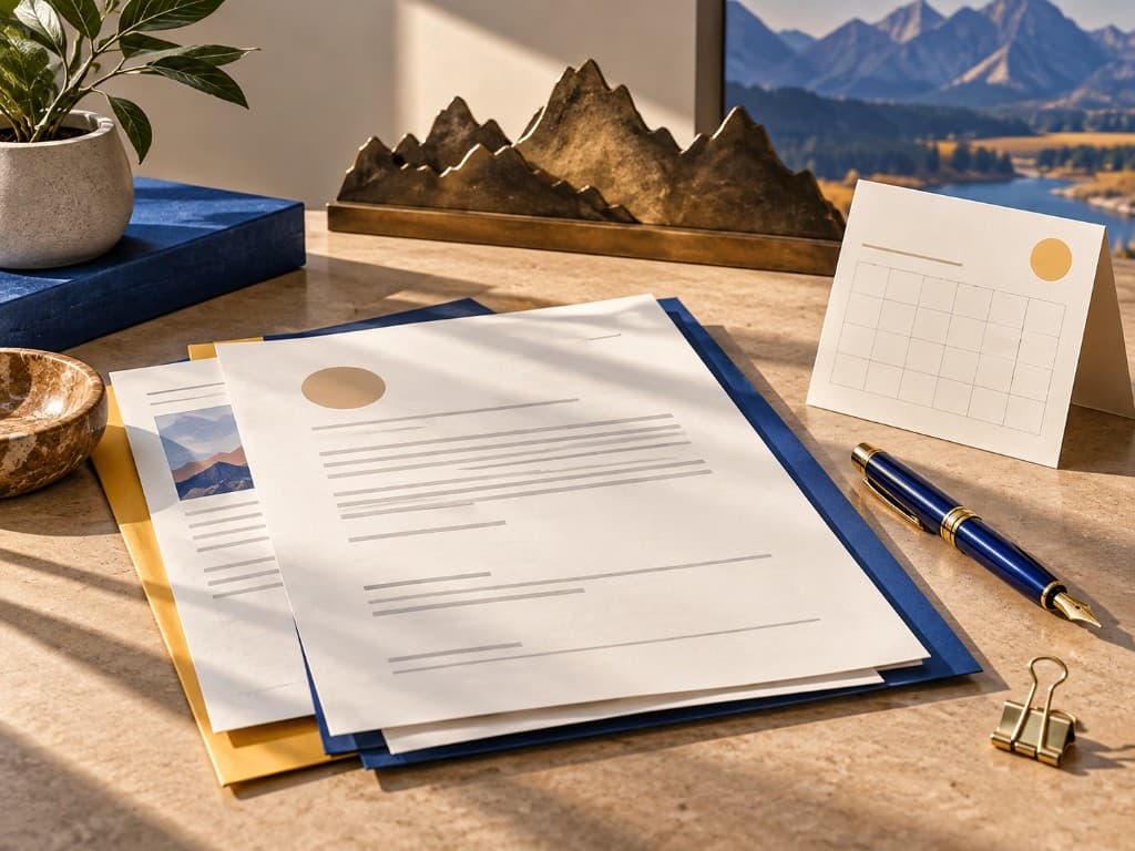 Wyoming LLC annual report documents, calendar, and fountain pen on a sunlit desk with mountain-inspired decor.