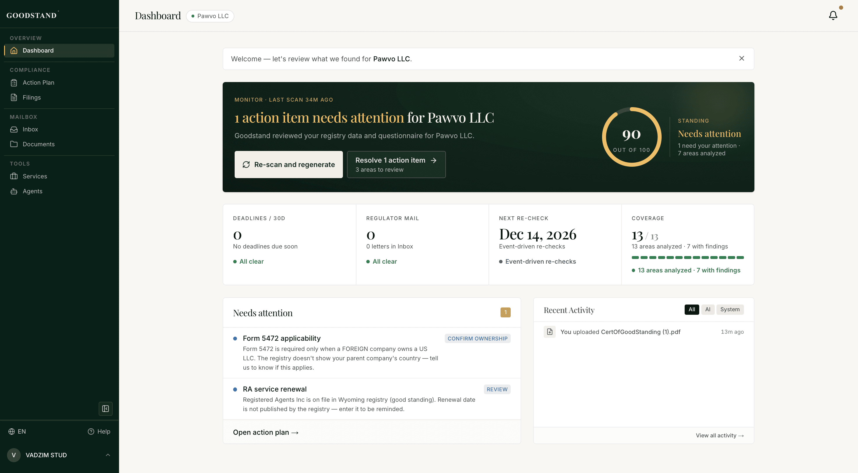 Goodstand dashboard with standing score, deadlines, and action items.